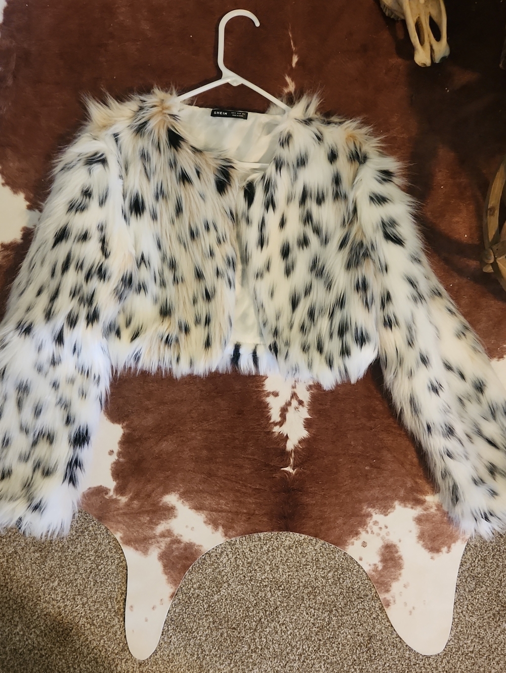 SHEIN White Faux Fur Cropped Jacket with Black and Tan Spots
